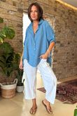 Made in Italy Pia Pillow Cotton Embroidered Tile Classic Shirt Denim